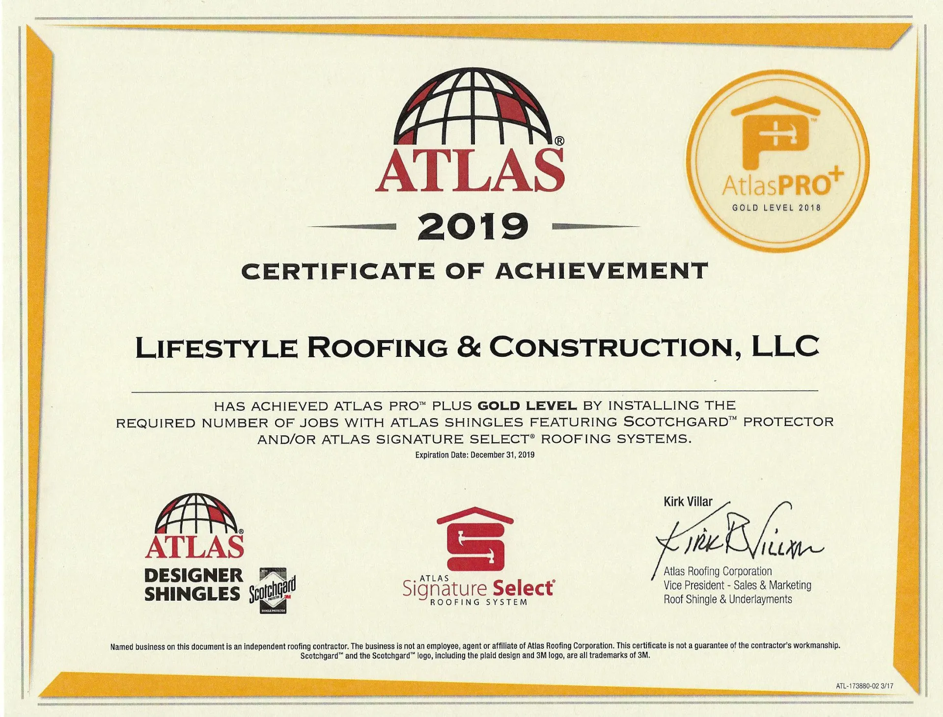 Atlas Roofing Gold Level Pro dealer certification badge
